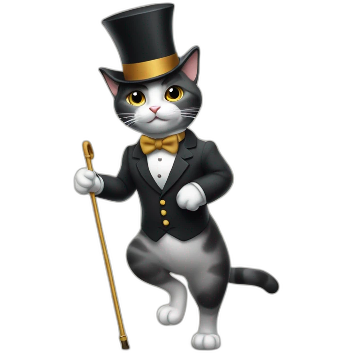 a cat in a top hat and with a bow tie around his neck walks on his hind legs leaning on an expensive cane emoji