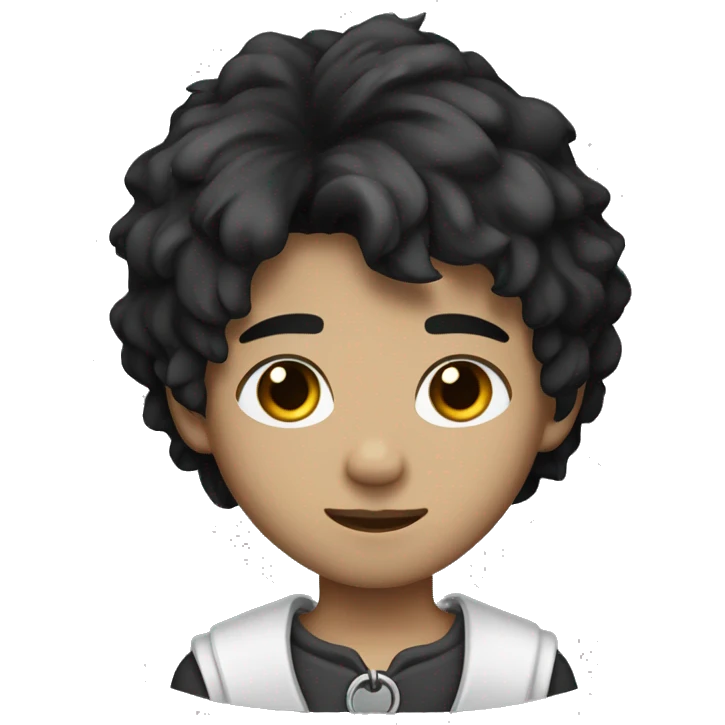 A boy with a wolf cut, dark black hair, white very skin, brown eyes and somewhat sharp eyes, with an earring in his left ear and a chain around his neck. emoji