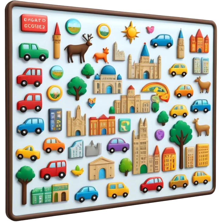 Icon for Magnet Collecting: a magnetic board on a wall displaying a collection of various magnets from different places, featuring cities, animals, and symbols. The icon should evoke the joy and uniqueness of a diverse magnet collection. Transparent background. emoji