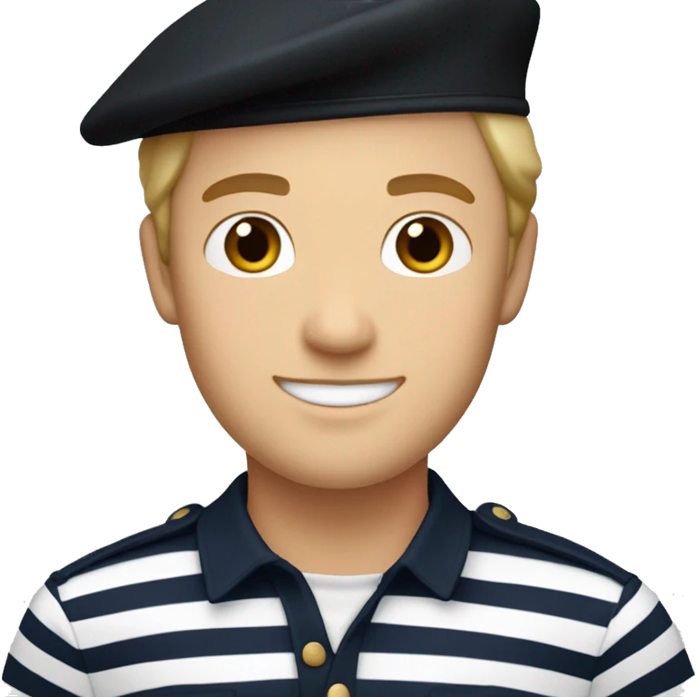 caucasian french man wearing a black beret and a classic marinière (striped) shirt with white and navy blue stripes. emoji