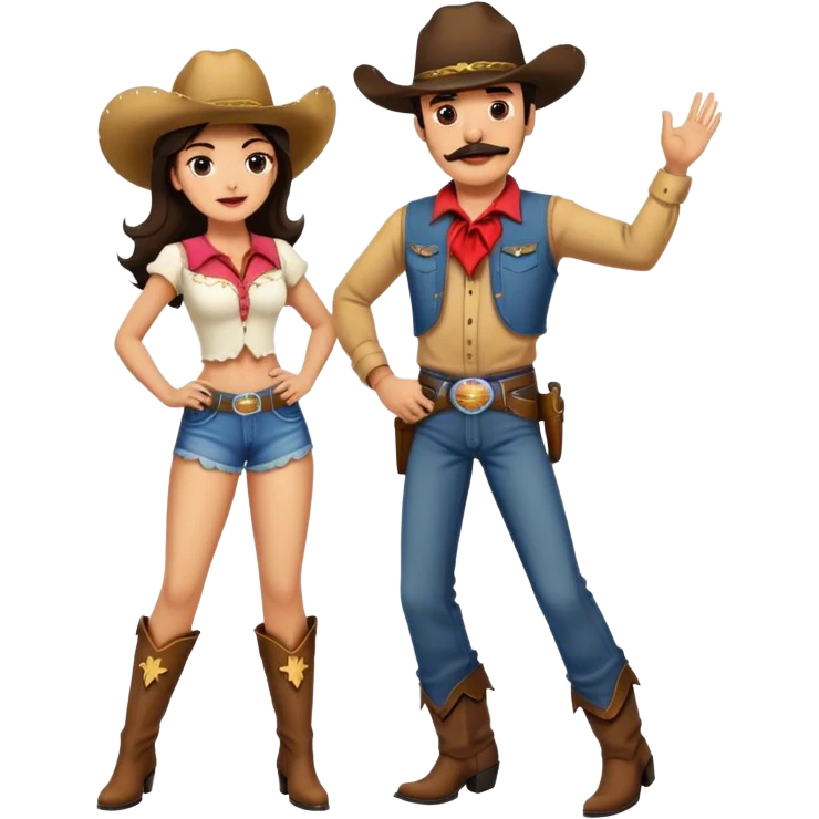 Man with dark hair and mustache line dancing with girl in western wear  emoji