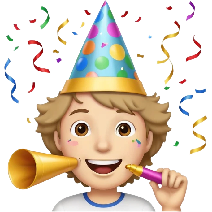 smiling face wearing a party hat, blowing a party horn, with confetti around emoji