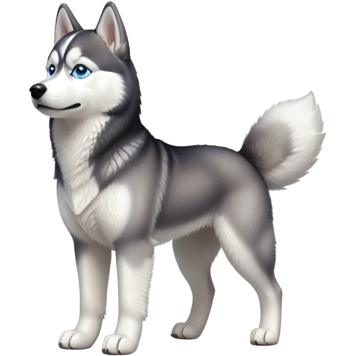 cinematic-[siberian husky]-realistic-full-body-standing-emoji,-tail-resting-loosely-beside-its-paws,blue eyes-head-tilted-dramatically, -fluffy-[grey and white]-fur,-simplified-yet-realistic-focused-features,-highly-detailed,-glowing-with-an-almost-sarcastic-glow emoji