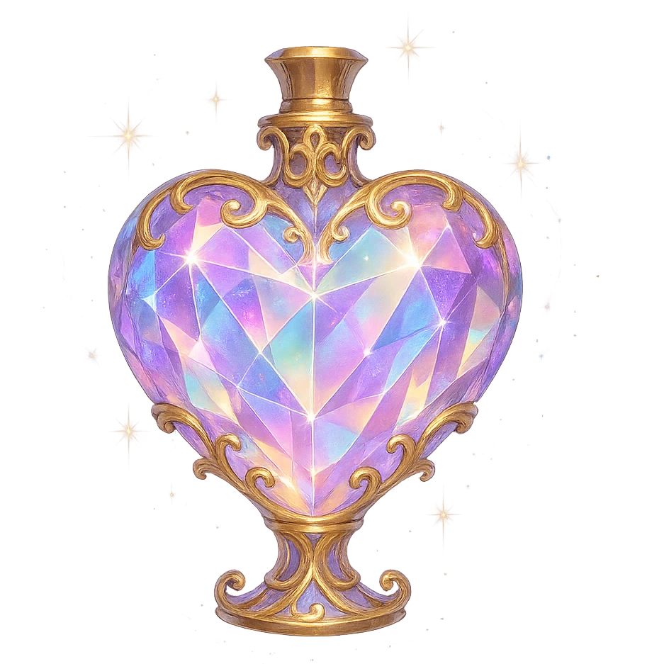 luxurious crystal elixir bottle heart-shaped, pastel color gradient, lots of glow, facets, ornaments, golden details, magical effects, very small golden neck, transparent background, beautiful merging base, clearly floating in air, no ground or shadow, premium class impression, design matching crystal luxurious magical bottle collection emoji