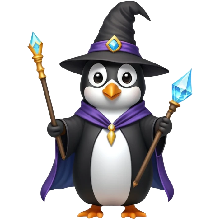 Penguin dressed as a wizard with a magic wand and wizard hat emoji