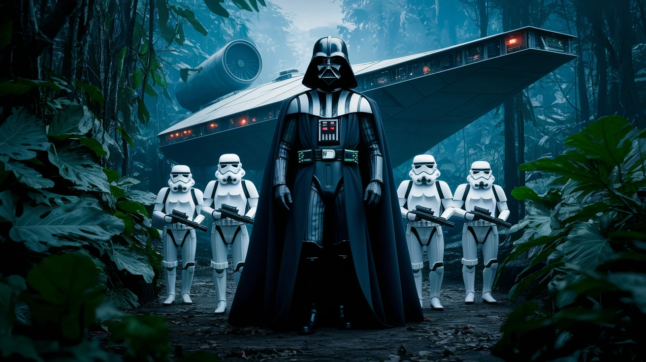 cinematic still, Medium shot, amazon jungle, Darth Vader around stormtroopers coming out from starship on ground, they are exploring the jungle, inspired by StarWars movie, captured by arri alexa emoji