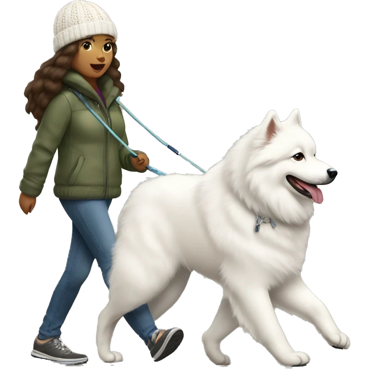 full body view of brunette female with light medium skin to e with knit hat walking a samoyed on a leash emoji