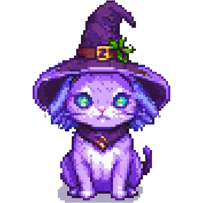 A purple witch cat, pixel art style, facing forward. emoji