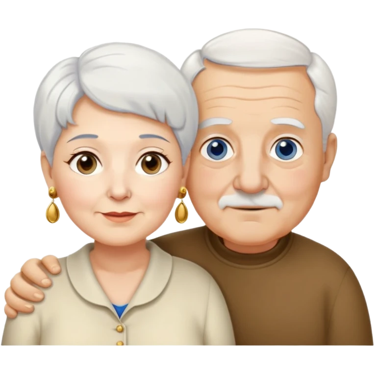 Una abuela italiana blanca de ojos marrones con cabello corto blanco y aretes de oro, junto a su esposo de ojos azules abuelo de piel blanca italiano un poco gordo con pelo blanco corto  emoji