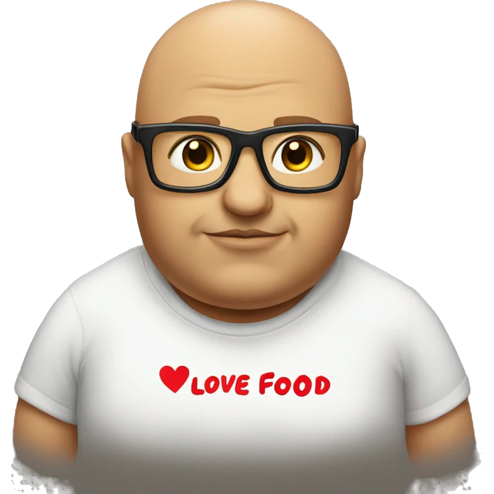 Simon fat bald head glasses wearing a T-shirt that says I love food on it emoji