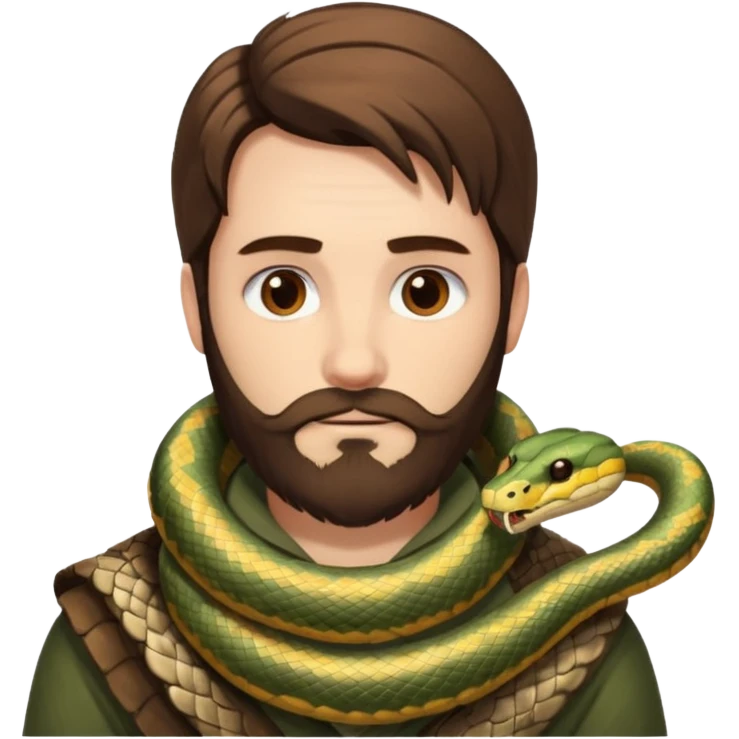 portrait man long brown hair brown eyes medium beard white skin with snake wrapped around neck calmly emoji