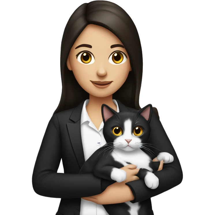 brunette girl holding tuxedo cat emoji
