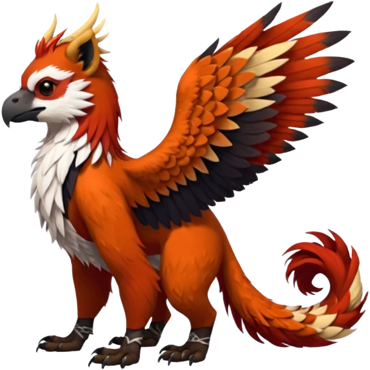 4-legged realistic digitigrade scaly winged long-big-beaked Gryphon-Griffin-Griffsnuff-Talonflame-Silvally-Braviary-Red-Panda-fusion-hybrid-animal-Fakémon-creature, full body, with a long thin tufted lion-tail, long tufted winged feathery ears emoji