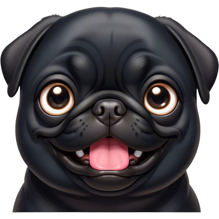 Cinematic Comical Black Pug Portrait Emoji, Head tilted dramatically with an exaggeratedly amused expression, featuring a sleek black coat with a glossy finish, wide, expressive dark eyes filled with playful disbelief, Simplified yet hilariously expressive features, highly detailed, glowing with a slightly sassy glow, high shine, dramatic yet playful, stylized with an air of cheeky mischief, bright and endearing, soft glowing outline, capturing the essence of a spirited and over-the-top companion, so meme-worthy it feels like it could side-eye its way into internet fame instantly! emoji