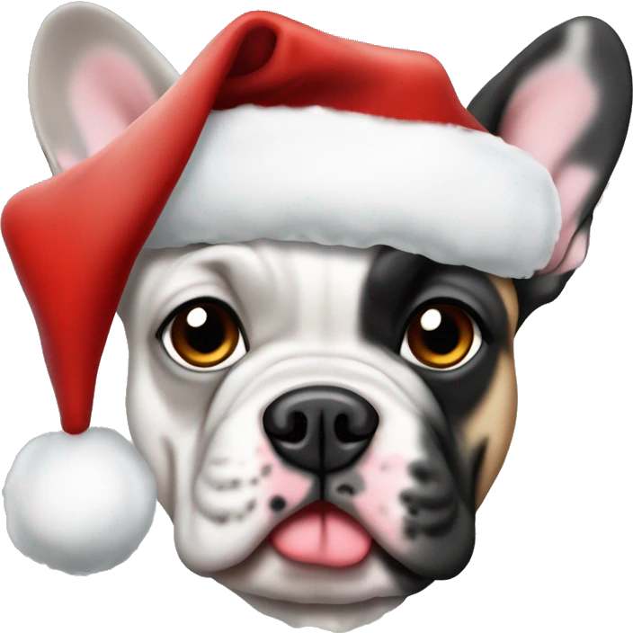 merle frenchbulldog with a christmas hat emoji