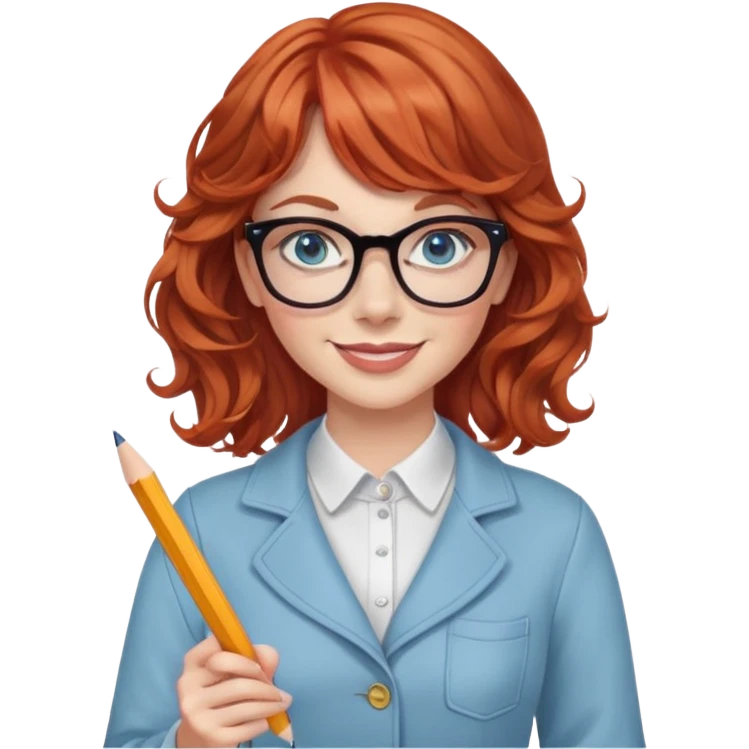 redheaded woman with wavy hair and bangs, blue eyes, glasses, chic outfit, holding a pencil, smiling emoji