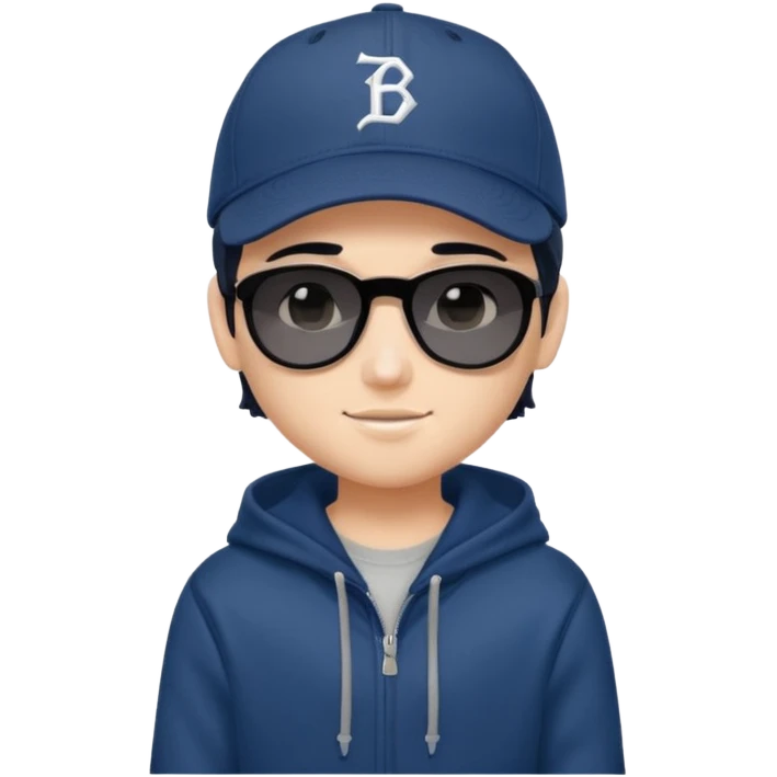 generate a fair pretty bratz boy wearing a dark blue baseball cap with black sunglasses and a grey hoodie

hair black  emoji