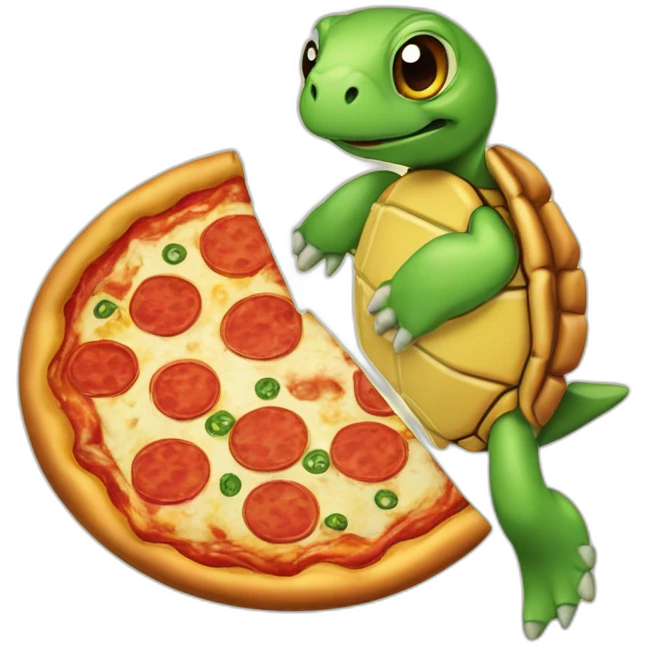 Une tortue ninga qui mange une pizza emoji