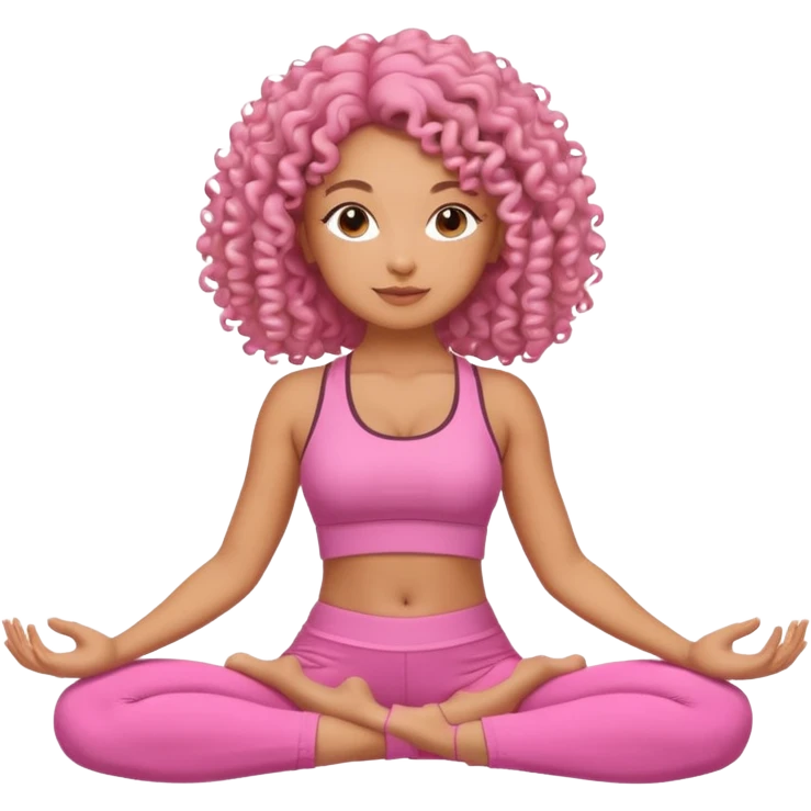 Uma mulher de cabelo cacheado, usando roupa de yoga rosa, em uma posição de yoga bonitinha emoji