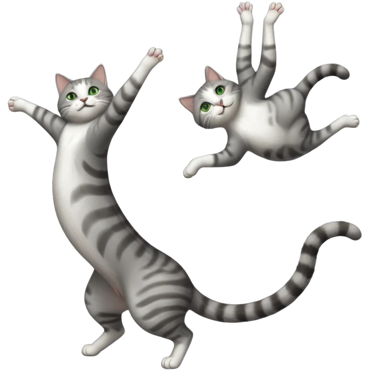 grey and white cat with green eyes doing a big extremely long stretch reaching up into the air with arms and legs side by side together straight and overextended whilst lying on its side emoji