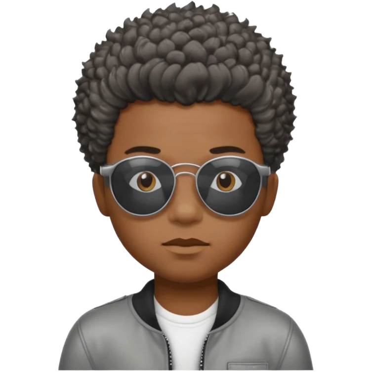 Un garçon,de couleur noir avec des lunettes de soleil grise,il a des cheveux crépus et au dessus de sa tete il est écrit BOUSS  emoji