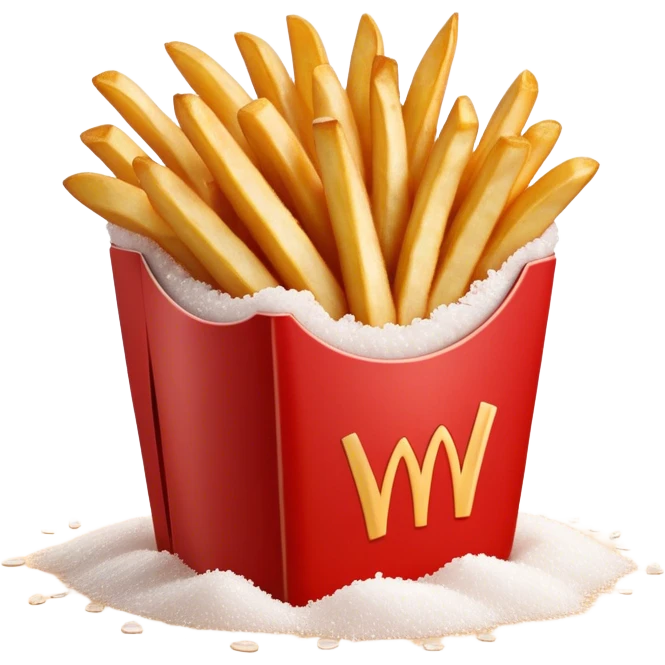 Cinematic crispy golden French fries, piled high, sprinkled with salt, served in a red carton, warm and inviting, rich golden hues, perfectly crunchy and delicious. emoji