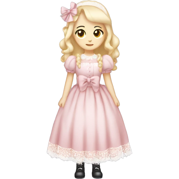 full body, girl standing, pale skin, long blonde hair, wearing lolita pink dress with white lace, wearing a pretty white bow on top of her head emoji