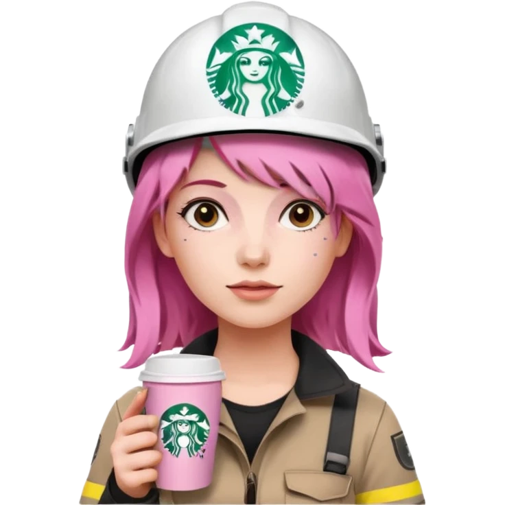 сделай молодую девушку с розовыми волосами, накрашенную красиво, с стаканчиком кофе из старбакса и в каске  emoji