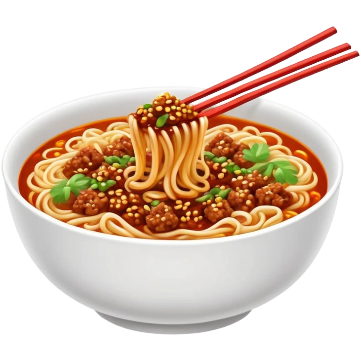 Chengdu Dan Dan Noodles with spicy sauce and minced meat, simplified emoji style with bold outlines and bright colors, cartoon style Sichuan street food in bowl emoji