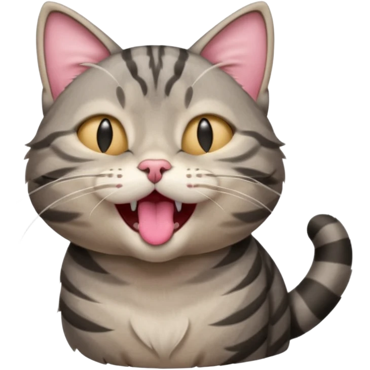 A high-resolution photo-realistic digital illustration of a solid grey tabby cat, eyes closed, head titled up yawning emoji