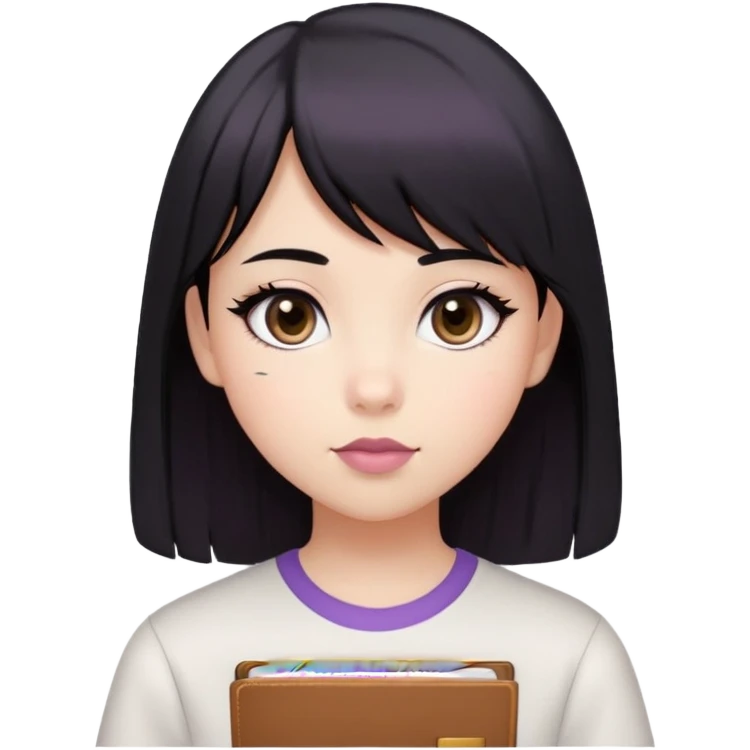 a girl with almond-shaped black eyes, with her straight and side bangs black hair, mauve-colored lips, wearing a white simple school top for her school ID picture emoji