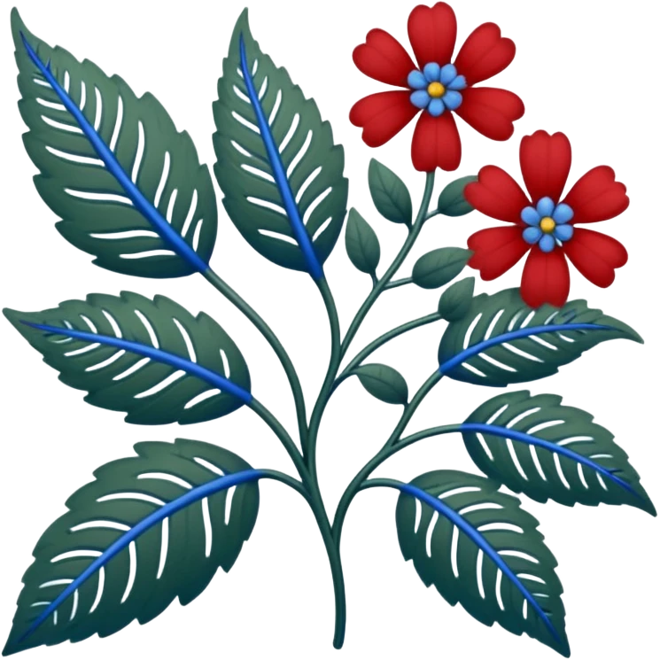 dull green leaves & red & blue flowers filigree design, extremely detailed, complex design emoji