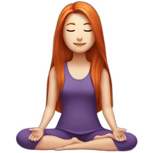 redhead white woman long medium straight hair, meditating on a violet blanket emoji