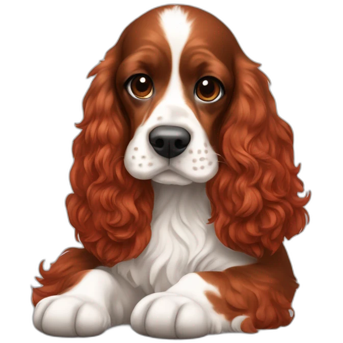 Red velvet hair woman in white singlet sitting tricolor english cocker spaniel on her lap emoji
