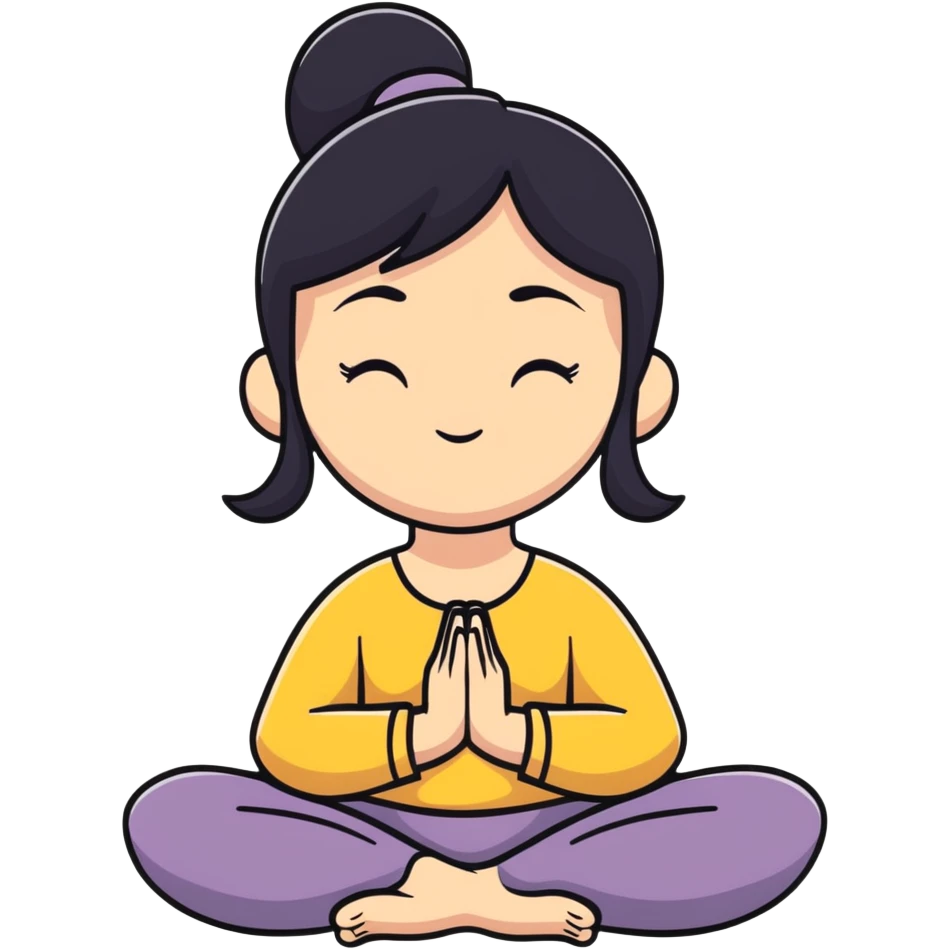 White girl with black hair in meditation pose, peaceful self care wellness moment emoji