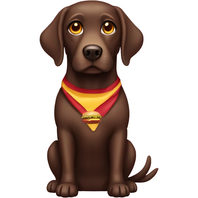 Chocolate female Labrador with amber eyes wearing a hamburger costume emoji