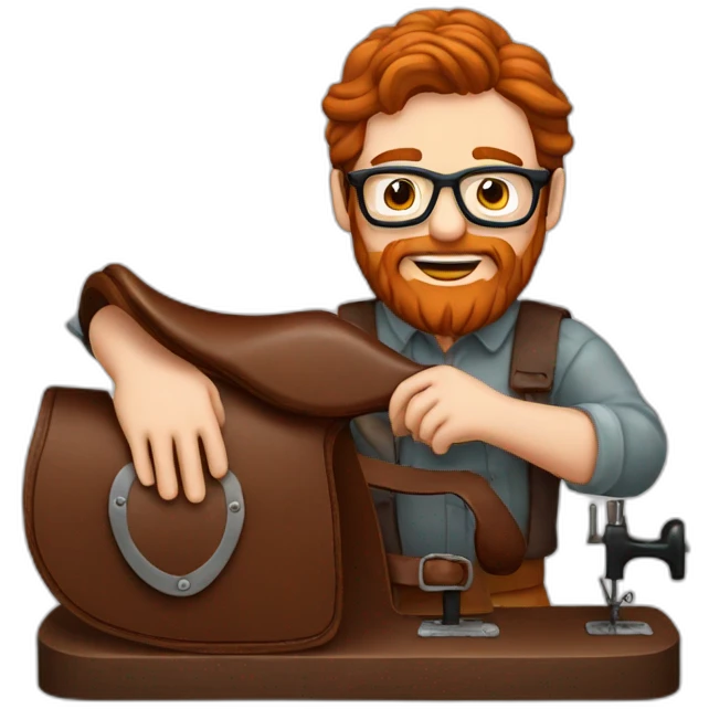Red haired man with beard and glasses hand sewing a leather saddle emoji