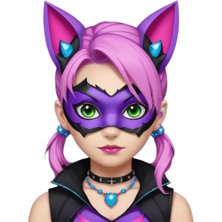 Girl with green eyes, wearing a bat mask with pink stones around her eyes, her hair tied in a ponytail, the hair is purple with blue and pink streaks, with black cat ears with pink stones around, wearing a black shirt that covers the neck, and a sleeveless blue jacket, and a necklace of pink stones emoji
