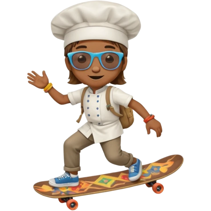 ["A happy boy with brown skin, straight hair, wearing a chef hat and sunglasses, dressed in hippie fashion, is skateboarding while holding a backpack."] emoji