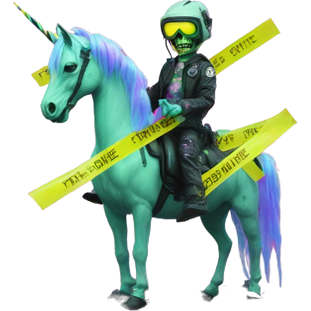 .Zombie_ Vaporwave black holographic oilslick zombie unicorn yellow caution tape and a vinyl emoji