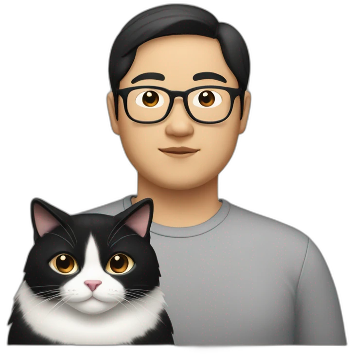 fat tan bespectacled Asian Man with black neck length hair and a black and white cat emoji