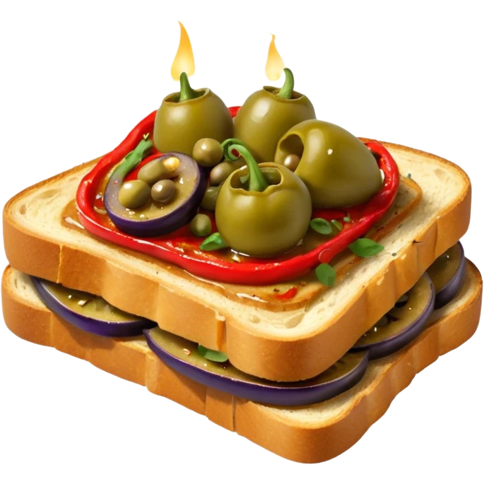 Catalan toast with roasted red peppers, eggplant, anchovies and green olives on top, drizzled with olive oil emoji