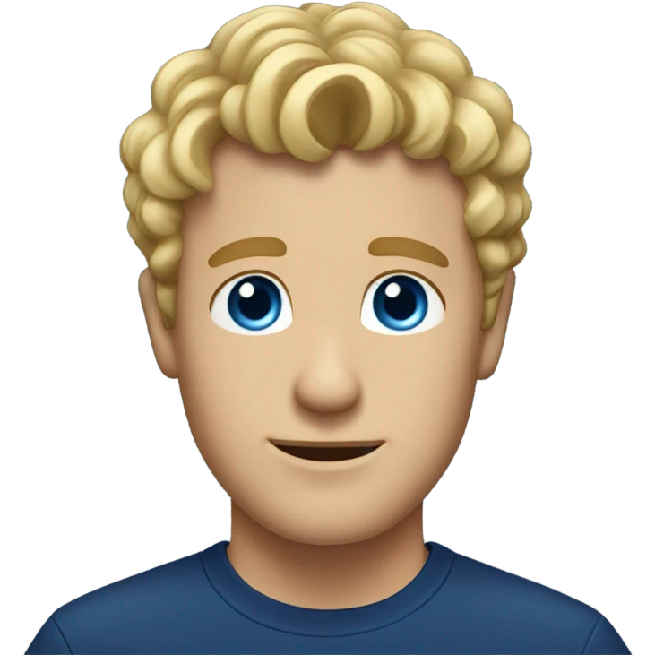 A man with short curly blonde hair, blue eyes, and a navy blue shirt.  emoji