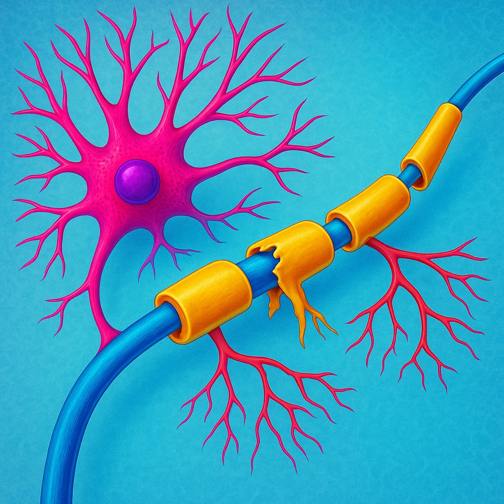 Make the neuron and myelin sheath illustration more colorful with vibrant medical colors, enhancing the vibrancy and clarity of the medical illustration. emoji
