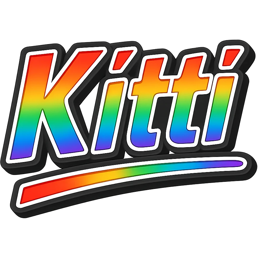 The name 'Kitti' with two t letters, in modern style with precise Hungarian characters, rainbow gradient coloring, extra thick white outline around the letters, dark contour, transparent background, dynamic and slanted underline, in the style of sample images emoji