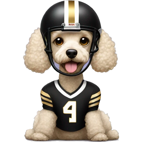 Poodle wearing a black football helmet with gold stripe emoji