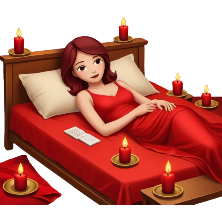 Low bed, red sheets, candles everywhere, woman reclining in shadowed control emoji
