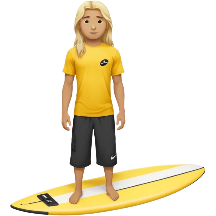 Surfer with long blond hair, yellow t-shirt with black Nike logo in center of chest, black baggy sweatpants. On a yellow and white board emoji
