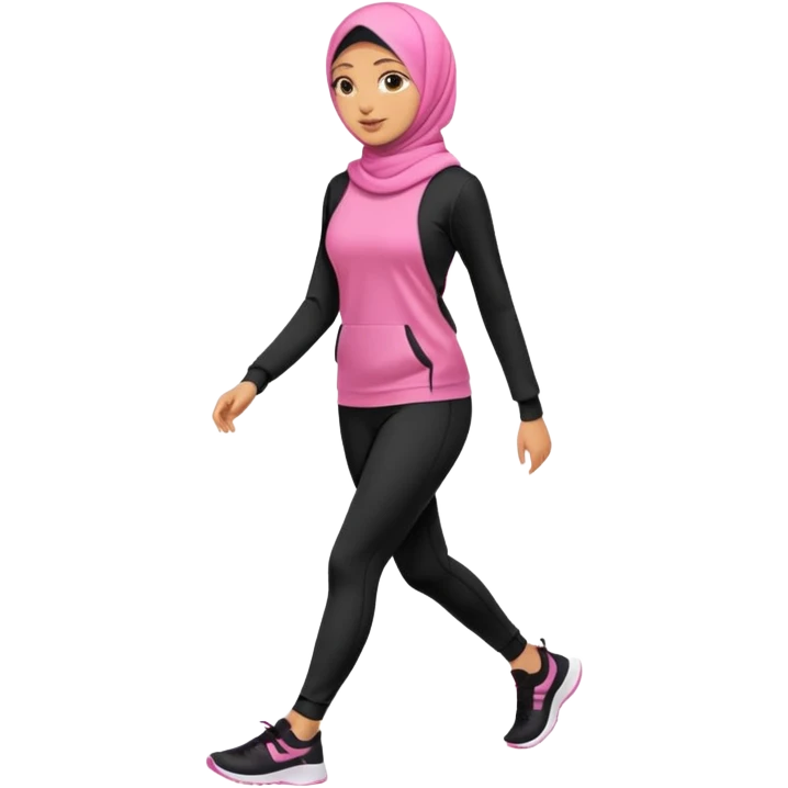 tan skin, hijabi young women in pink hijab, going for walk in black active wear clothing full body, walking  emoji