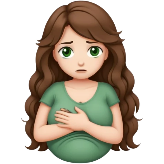 Sad Girl with curled brown long length hair and dark green eyes with belly ache emoji